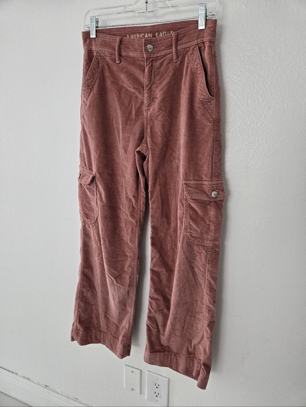 American Eagle  Corduroy Cargo Pants Dusty Pink Size 0R Y2K Wide Leg - Picture 5 of 16